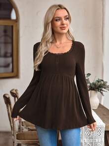 SHEIN Atasan Hamil Rajut Lengan Panjang Potongan Longgar Kasual dengan Renda Kerah U Pas Badan untuk Acara Formal Pulang ke Rumah Warna Cokelat Musim Semi - Coffee Brown - View 4