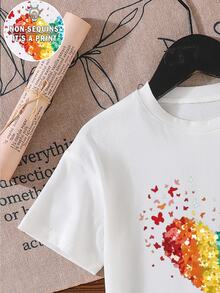 SHEIN Elladie kids 少女休閒時尚舒適簡約多色愛心圖案短袖圓領T恤，春/夏 - 白色 - 查看 6