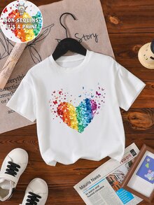 SHEIN Elladie kids 少女休閒時尚舒適簡約多色愛心圖案短袖圓領T恤，春/夏 - 白色 - 查看 4