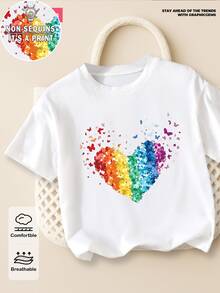 SHEIN Elladie kids 少女休閒時尚舒適簡約多色愛心圖案短袖圓領T恤，春/夏 - 白色 - 查看 3