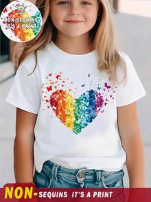SHEIN Elladie kids 少女休閒時尚舒適簡約多色愛心圖案短袖圓領T恤，春/夏 - 白色 - 查看 1