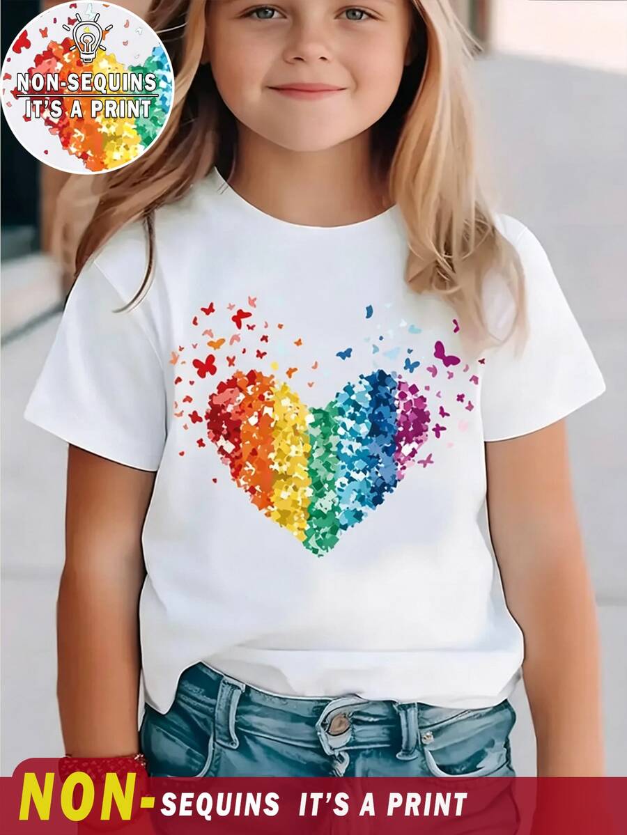 SHEIN Elladie kids 少女休閒時尚舒適簡約多色愛心圖案短袖圓領T恤,春/夏 - 白色 - 查看 1