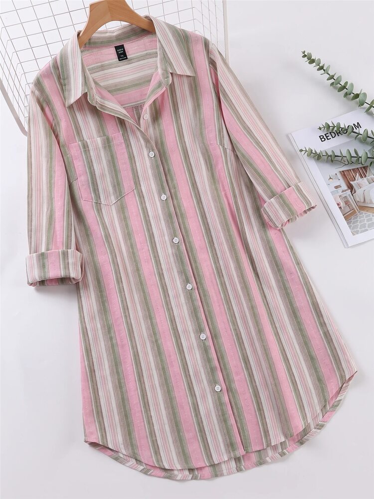SHEIN LUNE Plus Pink Print Shirt Dress Autumn Office Formal Vacation Casual Kawaii Soft Form Fall - Pink - View 1