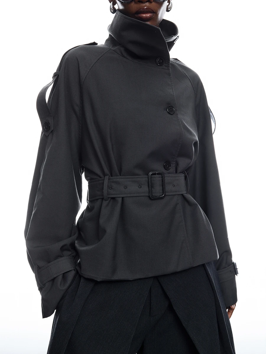 LYSMO Autumn Fashion Belted Blazer - Grey - View 1