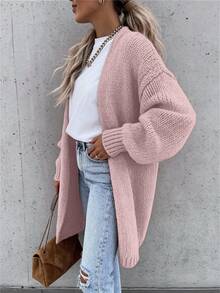 SHEIN Women's Solid Color Drop Shoulder Long Sleeve Long Casual Cardigan Sweater, Fall & Winter - Dusty Pink - View 4