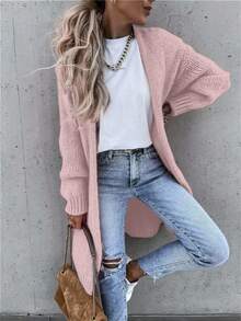 SHEIN Women's Solid Color Drop Shoulder Long Sleeve Long Casual Cardigan Sweater, Fall & Winter - Dusty Pink - View 6