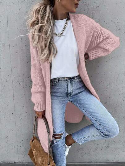 SHEIN Women's Solid Color Drop Shoulder Long Sleeve Long Casual Cardigan Sweater, Fall & Winter
