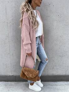 SHEIN Women's Solid Color Drop Shoulder Long Sleeve Long Casual Cardigan Sweater, Fall & Winter - Dusty Pink - View 5