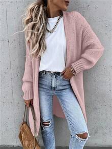 SHEIN Women's Solid Color Drop Shoulder Long Sleeve Long Casual Cardigan Sweater, Fall & Winter - Dusty Pink - View 1