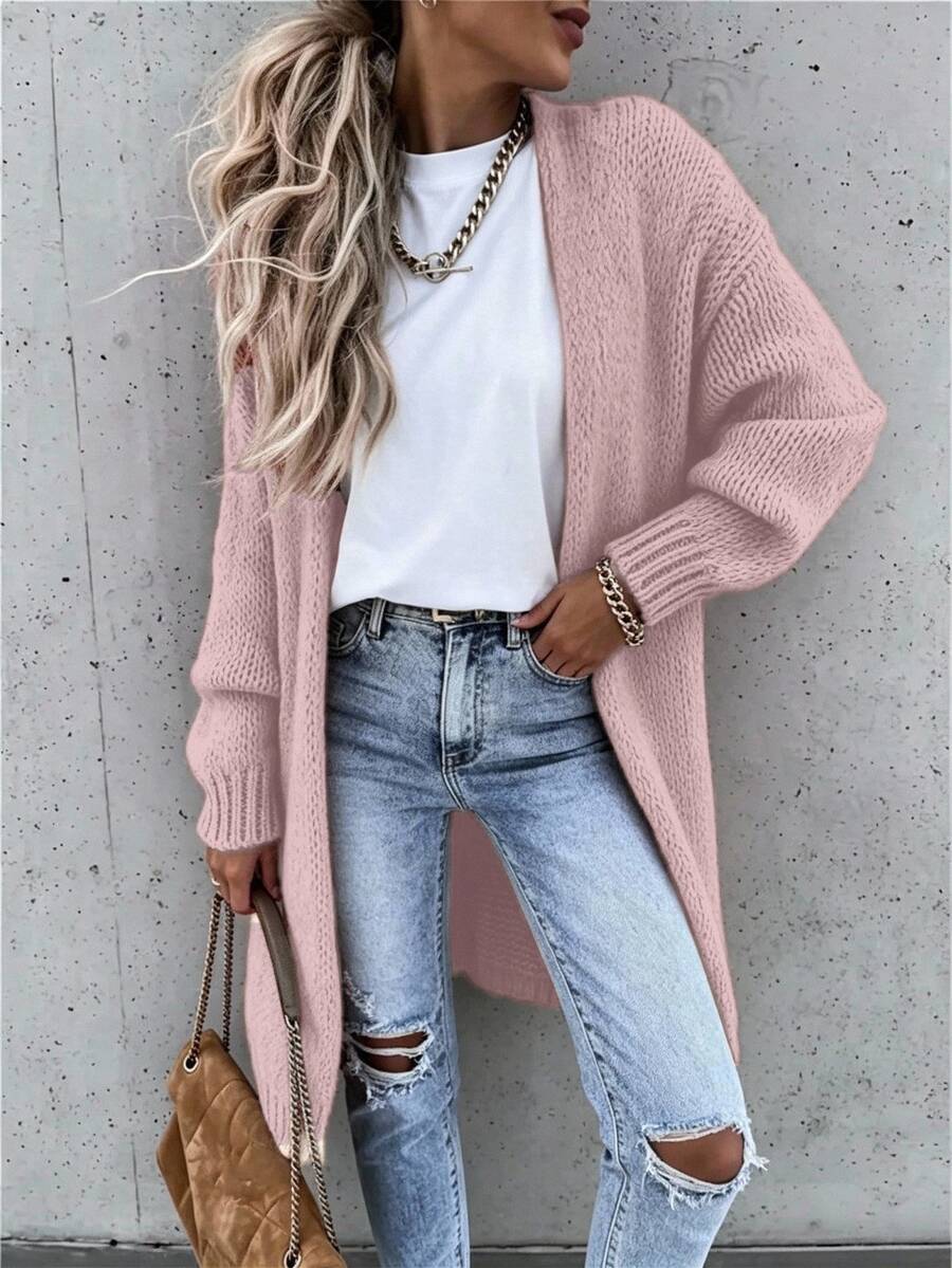 SHEIN Women's Solid Color Drop Shoulder Long Sleeve Long Casual Cardigan Sweater, Fall & Winter - Dusty Pink - View 1