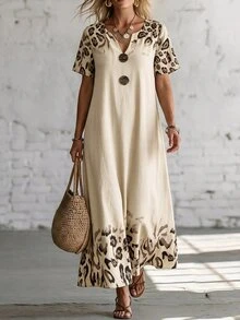 EMERY ROSE Women's Casual Boho Leopard Print Long Dress For Vacation Vacation Beige Autumn - Apricot - View 8