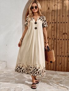 EMERY ROSE Women's Casual Boho Leopard Print Long Dress For Vacation Vacation Beige Autumn - Apricot - View 7