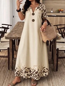 EMERY ROSE Women's Casual Boho Leopard Print Long Dress For Vacation Vacation Beige Autumn - Apricot - View 1