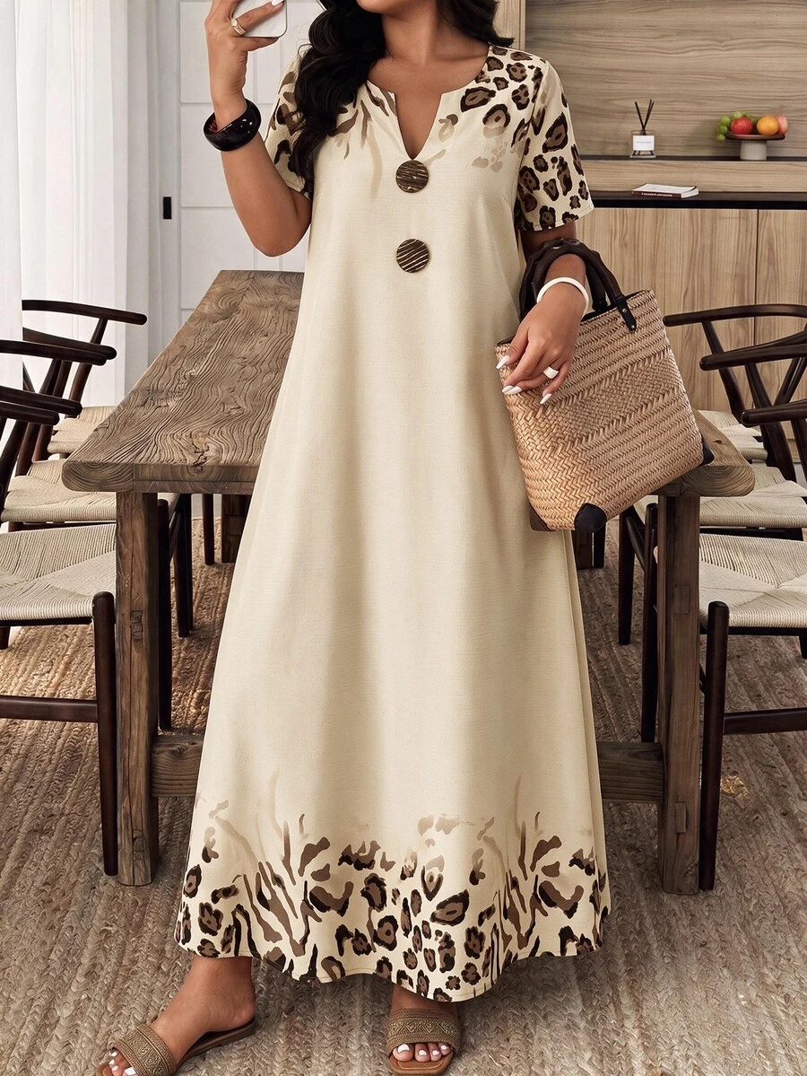 EMERY ROSE Women's Casual Boho Leopard Print Long Dress For Vacation Vacation Beige Autumn - Apricot - View 1