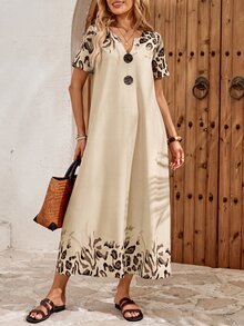 EMERY ROSE Women's Casual Boho Leopard Print Long Dress For Vacation Vacation Beige Autumn - Apricot - View 4
