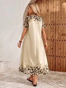 EMERY ROSE Women's Casual Boho Leopard Print Long Dress For Vacation Vacation Beige Autumn - Apricot - View 2