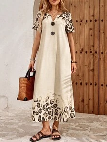 EMERY ROSE Women's Casual Boho Leopard Print Long Dress For Vacation Vacation Beige Autumn - Apricot - View 6