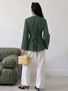 Solavon Women's Solid Color Long Sleeve Single-Breasted Arabic Style Top - Green - View 2