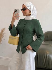 Solavon Women's Solid Color Long Sleeve Single-Breasted Arabic Style Top - Green - View 3
