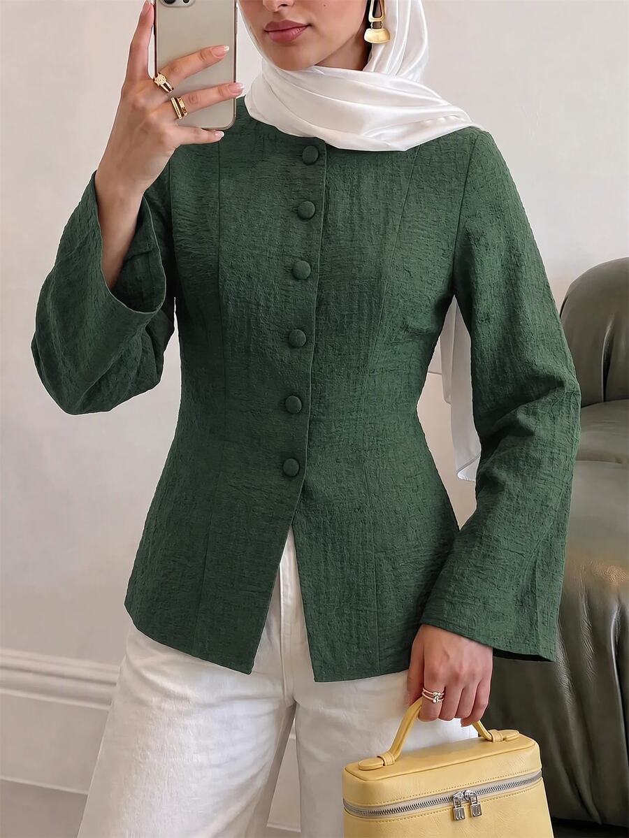 Solavon Women's Solid Color Long Sleeve Single-Breasted Arabic Style Top - Green - View 1