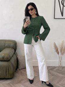 Solavon Women's Solid Color Long Sleeve Single-Breasted Arabic Style Top - Green - View 4