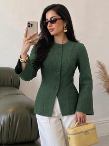 Solavon Women's Solid Color Long Sleeve Single-Breasted Arabic Style Top - Green - View 5
