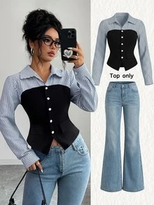 Elenzga Striped Print Button Front Top - Multicolor - View 10
