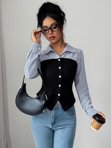Elenzga Striped Print Button Front Top - Multicolor - View 4