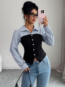 Elenzga Striped Print Button Front Top - Multicolor - View 6