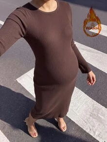 SHEIN Maternity Solid Color Casual Daily Knit Dress - Coffee - View 10