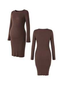 SHEIN Maternity Solid Color Casual Daily Knit Dress - Coffee - View 7
