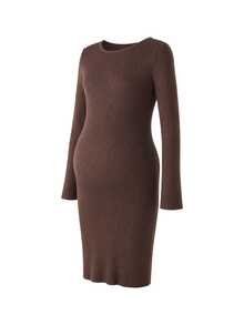 SHEIN Maternity Solid Color Casual Daily Knit Dress - Coffee - View 6