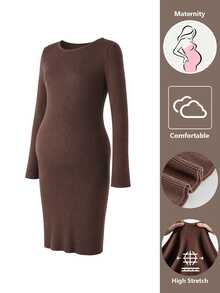 SHEIN Maternity Solid Color Casual Daily Knit Dress - Coffee - View 11