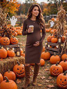 SHEIN Maternity Solid Color Casual Daily Knit Dress - Coffee - View 1
