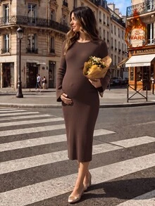 SHEIN Maternity Solid Color Casual Daily Knit Dress - Coffee - View 12
