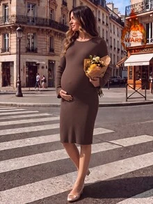 SHEIN Maternity Solid Color Casual Daily Knit Dress - Coffee - View 2