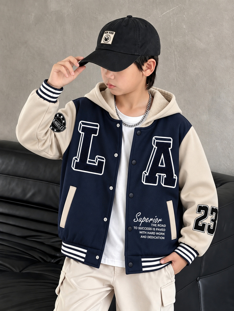 SHEIN Tween Boys' Autumn Fleece Lined Long Sleeve Hooded Jacket, Black & Grey Colorblock Hooded Fleece Baseball Jacket, LA Letter Print With Multiple American Slogan Prints, Loose Drop Shoulder Fit, Retro Style Children's Jacket For School And Outings, Campus Jacket, Casual Jacket - Navy Blue - View 3