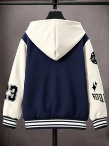 SHEIN 青少年男孩秋季抓絨內裡長袖連帽夾克，黑灰拼接連帽抓絨棒球夾克，LA字母印花搭配多款美國標語印花，寬鬆落肩版型，復古風兒童校園休閒夾克，適合上學與外出穿著 - 藏蓝色 - 查看 2