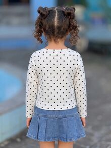 SHEIN 女童針織方領蕾絲蝴蝶結修身長袖短版休閒T恤，波點百搭可愛校園日常穿著，柔軟 - 黑與白 - 查看 2