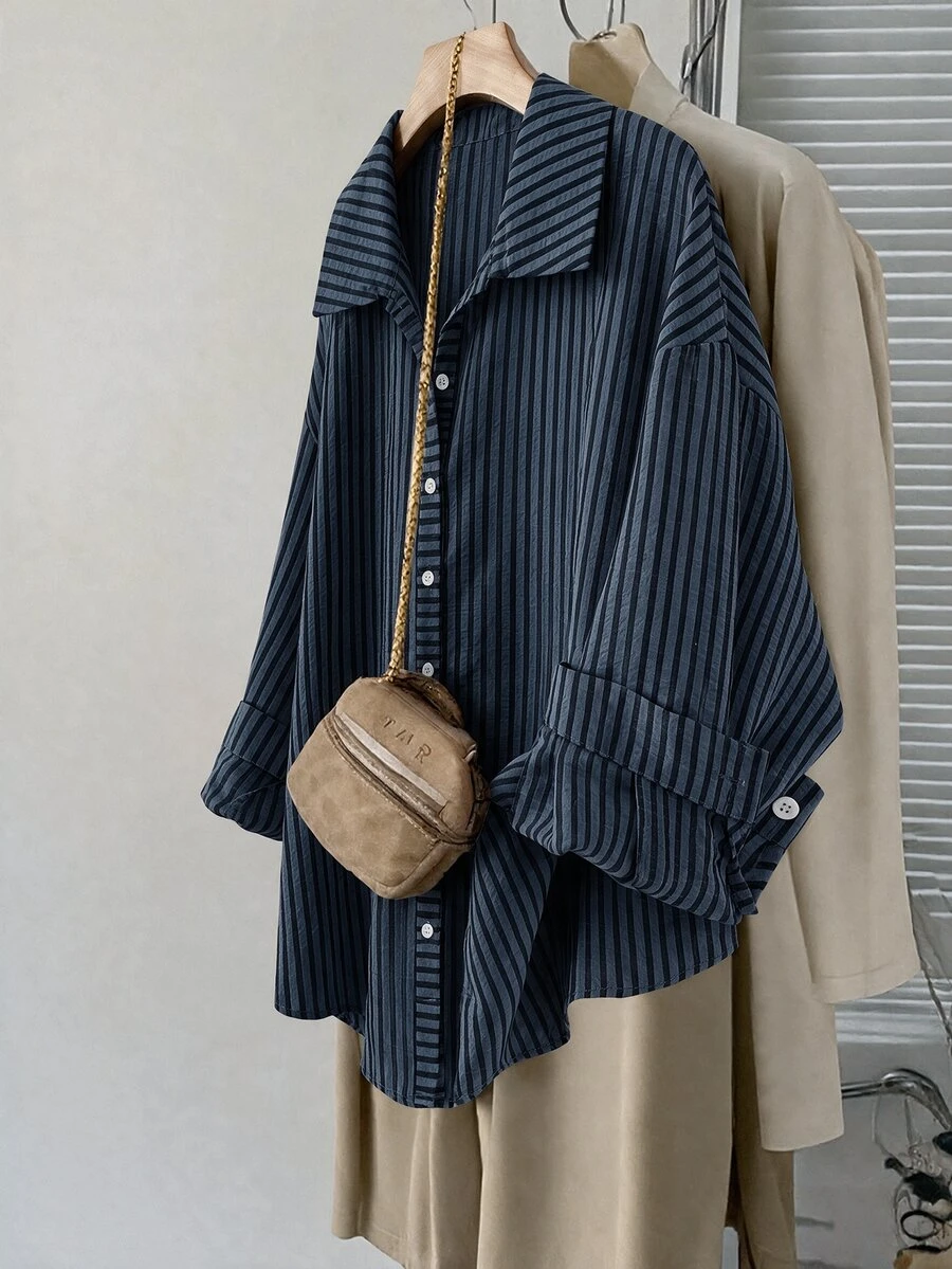 SHEIN LUNE 大尺碼女款條紋休閒日常穿著襯衫 - 彩色 - 查看 1