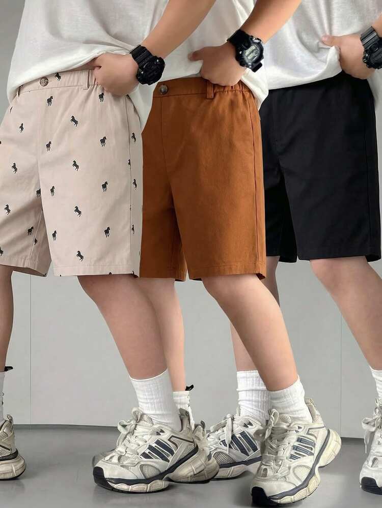 3pcs Young Boys' Simple Silhouette Shorts Set,Khaki,Black,Pony Print Comfortable Casual Suit Shorts For School,Summer Daily Wear,Travel,Holidays,Beach - Multicolor - View 2