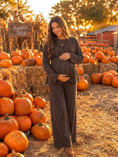 SHEIN Autumn New Arrival Minimalist Dark Brown Maternity Long Sleeve Top And Pants 2 Pieces Set, Round Neck Waist-Cinching Design Top, Wide Leg Pants, Suitable For Daily Shopping, Vacation Travel, Commuting, Versatile