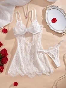 SHEIN 两件套蕾丝钢圈透视性感睡裙 - 白色 - 查看 10