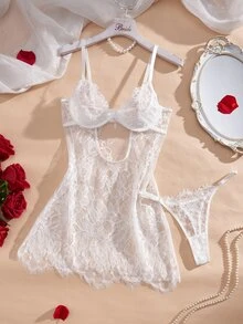 SHEIN 两件套蕾丝钢圈透视性感睡裙 - 白色 - 查看 6