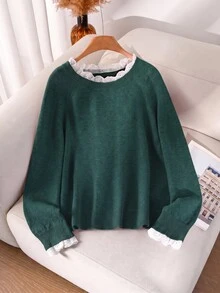 CosyJoli Plus Size Casual Lace Patchwork Round Neck Pink Color Tulle Pullover Sweater - Dark Green - View 6