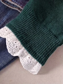 CosyJoli Plus Size Casual Lace Patchwork Round Neck Pink Color Tulle Pullover Sweater - Dark Green - View 5