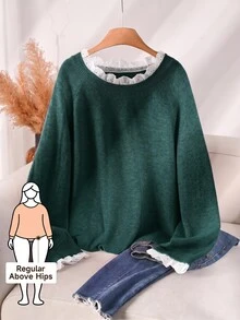 CosyJoli Plus Size Casual Lace Patchwork Round Neck Pink Color Tulle Pullover Sweater - Dark Green - View 7