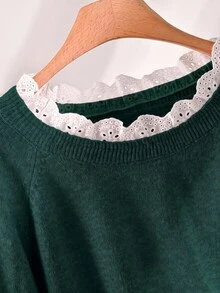 CosyJoli Plus Size Casual Lace Patchwork Round Neck Pink Color Tulle Pullover Sweater - Dark Green - View 4