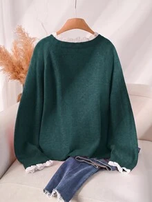 CosyJoli Plus Size Casual Lace Patchwork Round Neck Pink Color Tulle Pullover Sweater - Dark Green - View 3