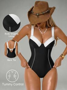 Shapewave Women's Colorblock One-Piece Strap Swimsuit For Vacation - Black - View 1